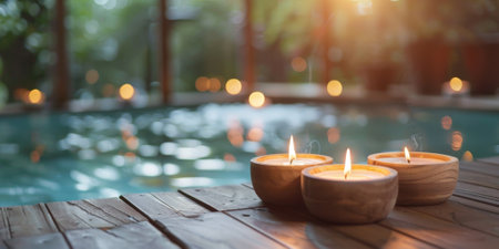 A serene setting with lit candles on a wooden deck by the poolside, creating a peaceful and relaxing atmosphere. High quality photoの素材