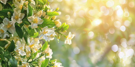 Close-up of jasmine flowers in full bloom, illuminated by warm sunlight, showing their delicate beauty and vibrant green leaves. High quality photoの写真素材