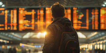 Traveler with backpack looking at flight information board in airport terminal, preparing for departure, symbolizing travel and adventure. High quality photoの素材