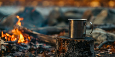 An iron camping mug stands on a stump next to a fire close-up on a blurred background of a forest river. High quality photoの素材