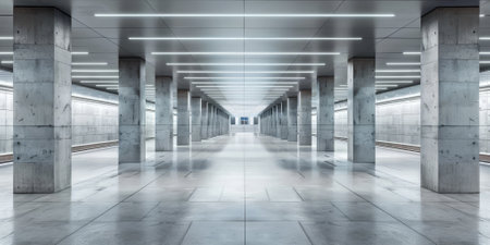 View of the corridor to a deserted and empty modern metro station in stone gray tones with columns. High quality photoの素材