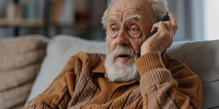 An elderly man with a beard, wearing a brown sweater, sitting on a couch and talking on the phone. High quality photoの素材