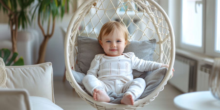 A smiling baby sitting in a cozy hanging chair in a modern living room, enjoying the comfortable setting. High quality photoの素材