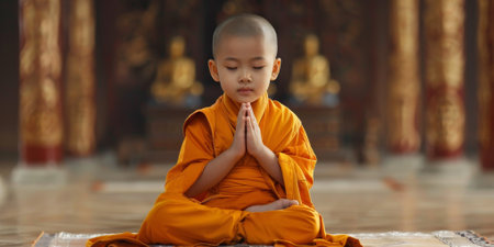 A young monk in traditional attire praying in a temple, reflecting spirituality, peace, and dedication. High quality photoの素材