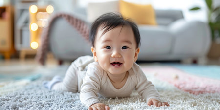 A happy baby crawling on a colorful carpet in a cozy living room, smiling and looking at the camera. High quality photoの素材