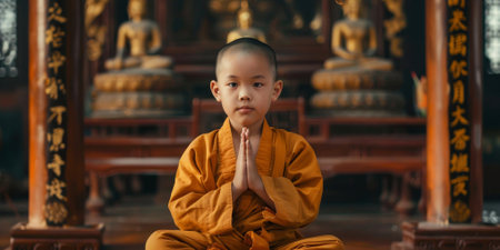 A young monk in traditional attire praying in a temple, reflecting spirituality, peace, and dedication. High quality photoの素材