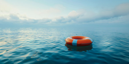 An orange lifebuoy floats on the surface of the water in the ocean. High quality photoの素材