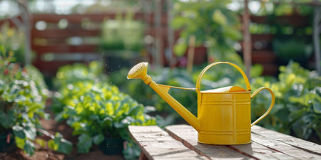 Close-up of a yellow iron garden watering can in the background of a home vegetable garden. Copyspace, place for text. High quality photoの素材