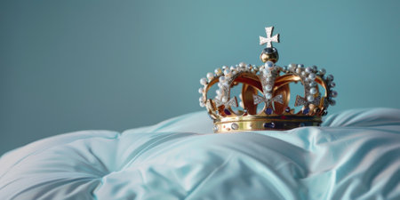 Luxurious royal crown resting on a stack of velvet pillows with glittering background, symbolizing royalty and elegance.の素材
