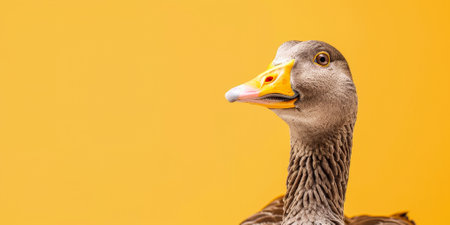 A funny goose peeks out on an orange background. Copyspace, place for text. High quality photoの素材