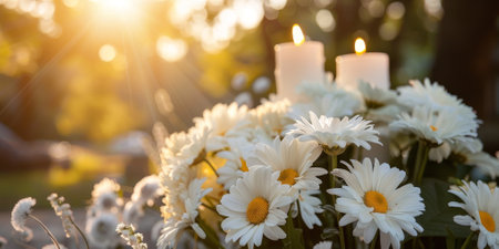 Funeral white flowers and white candles near the memorial outdoors close-up. High quality photoの素材