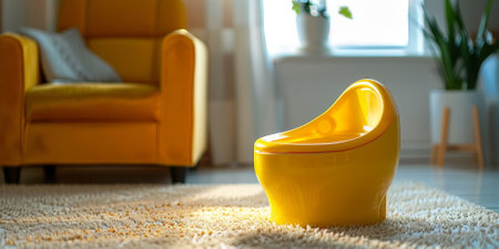 Close-up on a yellow children's potty standing on a light carpet in a modern apartment. High quality photoの素材