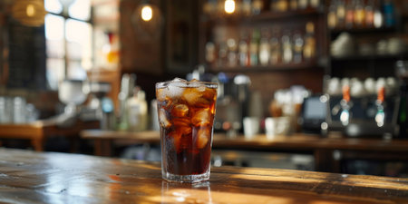 Close-up on a glass of coffee with milk and ice standing on a wooden bar counter. High quality photoの素材