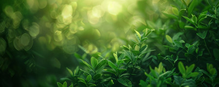 Close-up of green leaves with a beautiful bokeh background, showcasing nature's serenity and the play of sunlight.の素材