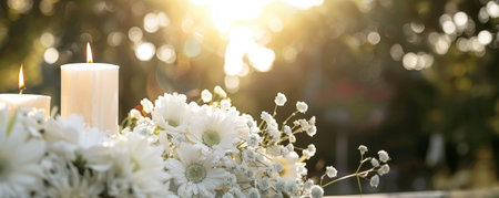Funeral white flowers and white candles near the memorial outdoors close-up. High quality photoの素材