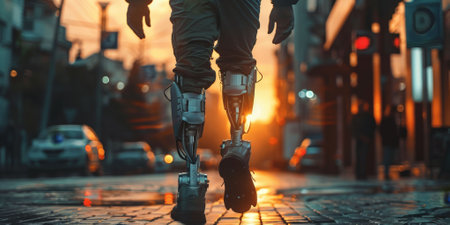 Man with prosthetic legs walking in an urban street, symbolizing resilience and determination. High quality photoの素材