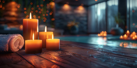 A serene setting with lit candles on a wooden deck by the poolside, creating a peaceful and relaxing atmosphere. High quality photoの素材