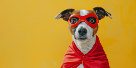 A dog dressed in a superhero costume with a red cape and mask, posing against a yellow background, looking heroic. High quality photoの素材