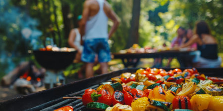 Vegetable skewers grilling on an outdoor barbecue with friends enjoying a sunny day in the background. High quality photoの素材