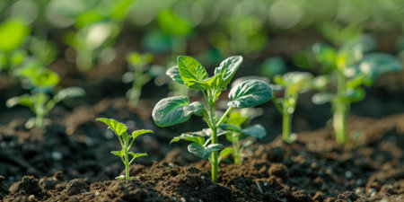 Close-up of young green seedlings growing in fertile soil, representing new life and growth in a garden setting. High quality photoの素材