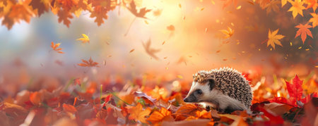 cute hedgehog sits in autumn leaves against the backdrop of a beautiful autumn landscape. Banner, place for text. High quality photoの素材