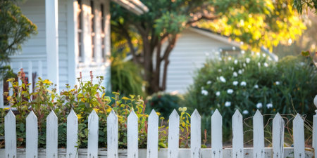 A classic white picket fence surrounds a small cozy country house. High quality photoの素材