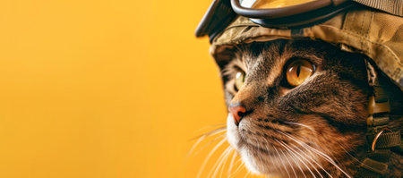 A tabby cat wearing a military helmet against a bright yellow background, looking directly at the camera. High quality photoの素材