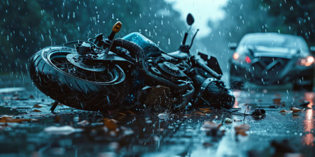 A dramatic scene of a motorcycle accident on a wet road during a rainy day, highlighting danger and emergency. High quality photoの素材