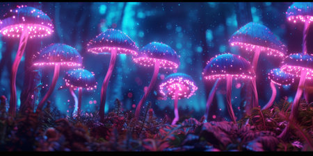 Vibrant, glowing mushrooms in an enchanted forest, creating a magical and surreal nighttime scene. High quality photoの素材