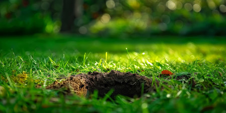 A freshly dug hole in a vibrant green lawn, with sunlight highlighting the surrounding grass and creating a natural setting. High quality photoの素材