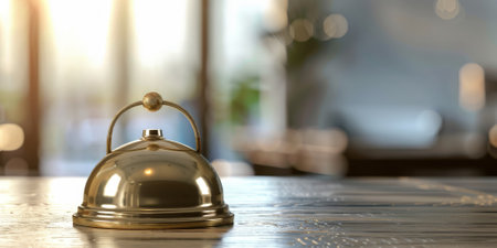 A gold service bell on a marble counter in a luxury hotel lobby, symbolizing hospitality and excellent service. High quality photoの素材