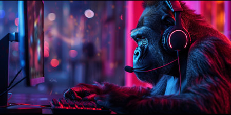 Gorilla wearing headphones and gaming in a neon-lit room, blending wildlife with modern technology humorously. High quality photoの素材