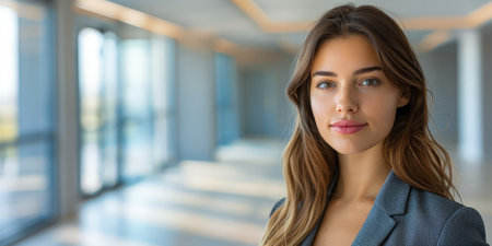 Confident young businesswoman standing in a bright, modern office environment, symbolizing professional success. High quality photoの素材