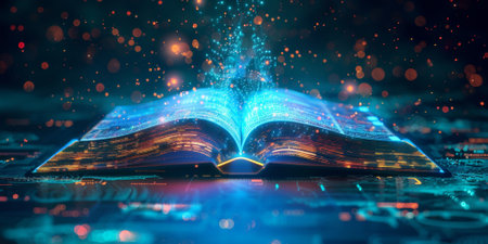 Open book with glowing digital effects, representing futuristic technology and digital knowledge. High quality photoの素材