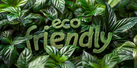 An eco friendly sign made of green foliage surrounded by lush plants, emphasizing environmental sustainability and green living. High quality photoの素材