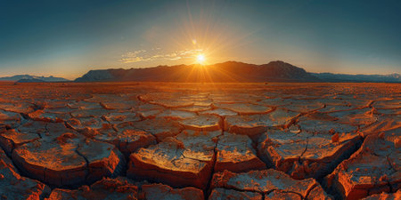 A panoramic view of a dry, cracked desert landscape under a bright sun, with distant mountains in the background. High quality photoの素材