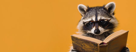 A raccoon wearing glasses, reading a book against an orange background, creating a whimsical and intelligent look. High quality photoの素材