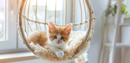 A cute kitten relaxing in a hanging chair in a sunlit room, enjoying a peaceful moment. High quality photoの素材