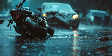 A dramatic scene of a motorcycle accident on a wet road during a rainy day, highlighting danger and emergency. High quality photoの素材