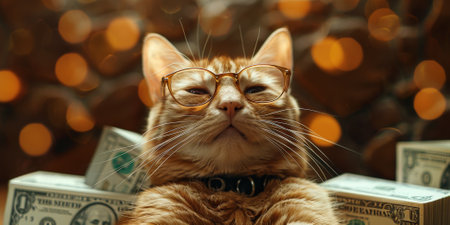 A stylish cat wearing sunglasses, lounging with rolled-up hundred-dollar bills. High quality photoの素材