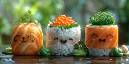 Adorable kawaii sushi characters with smiling faces and various toppings, creating a playful and whimsical food art scene.の素材