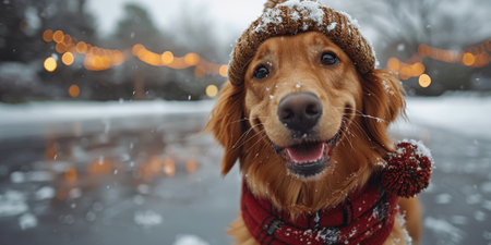 Cute dog wearing a knitted winter hat and scarf, standing outdoors in a snowy setting with a warm, golden sunset.の素材