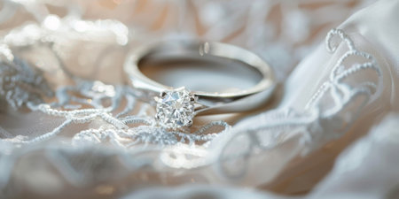 A wedding ring with a diamond lies on a light lace fabric close-up. High quality photoの素材