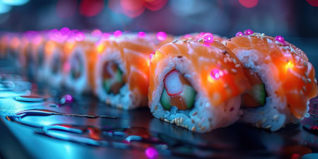 Neon salmon sushi rolls with glowing lights, creating a visually striking and appetizing presentation.の素材