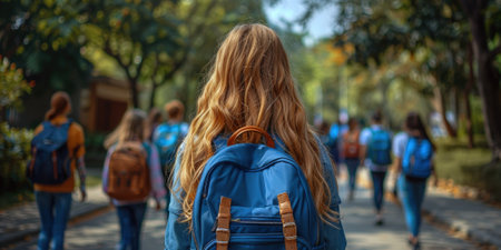 Student with a blue backpack walking to school among peers, signifying the return to academic life and routine.の素材