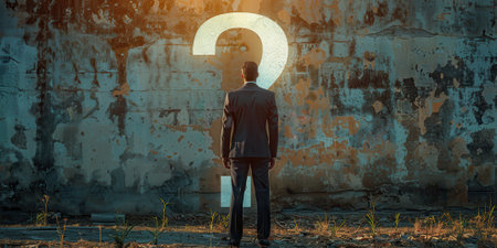 A businessman stands in front of a large, illuminated question mark on a dilapidated concrete wall, symbolizing uncertainty and decision-making.の素材