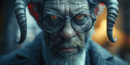 A stern elderly man with horn-like protrusions on his head, sitting in a leather chair with dramatic, moody lighting.の素材