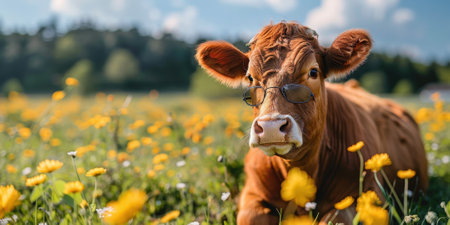 Cute cow wearing glasses lying in a field of yellow flowers, creating a whimsical and charming rural scene.の素材