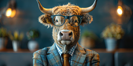 A stylish bull wearing a suit and sunglasses, exuding confidence and sophistication, set against an urban background.の素材