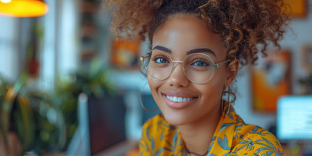 A smiling woman with glasses enjoys a cozy cafe environment, highlighting relaxation, warmth, and a friendly atmosphere. High quality photoの素材